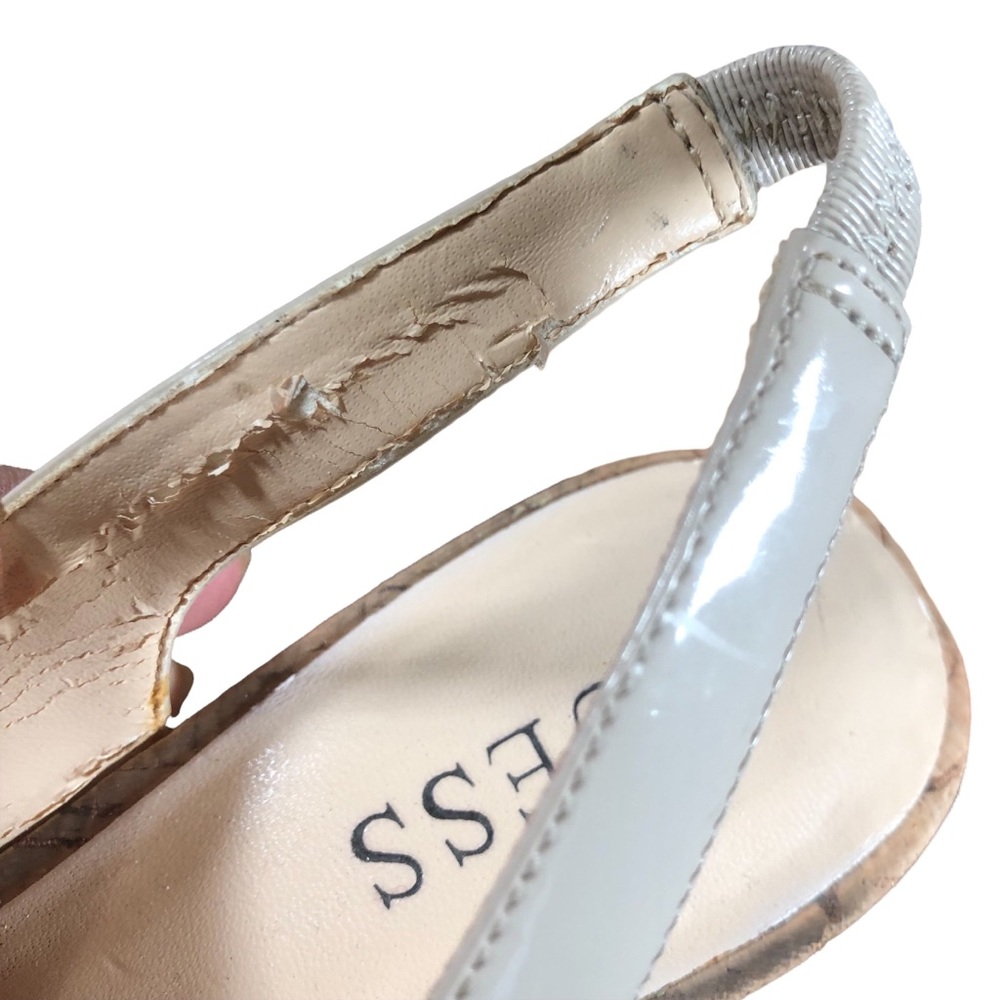 Guess 8.5 Heels Platform Cork Stiletto Patent Leather Tan Sling Back Peep Toe - Picture 9 of 11